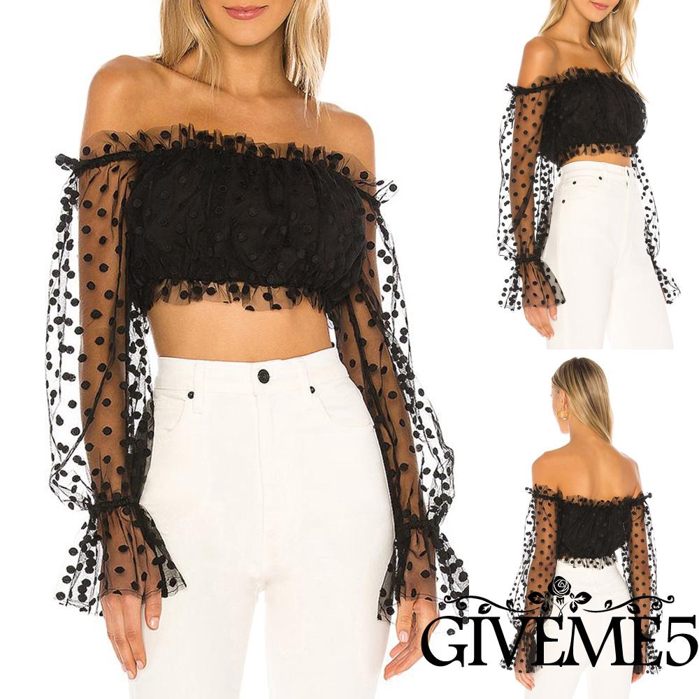 Áo Tay Dài Trễ Vai Hoạ Tiết Chấm Bi Cho Nữ