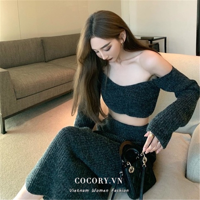 Cocory vn Áo croptop tay dài/ chân váy maxi lưng cao phong cách cổ điển quyến rũ cho nữ