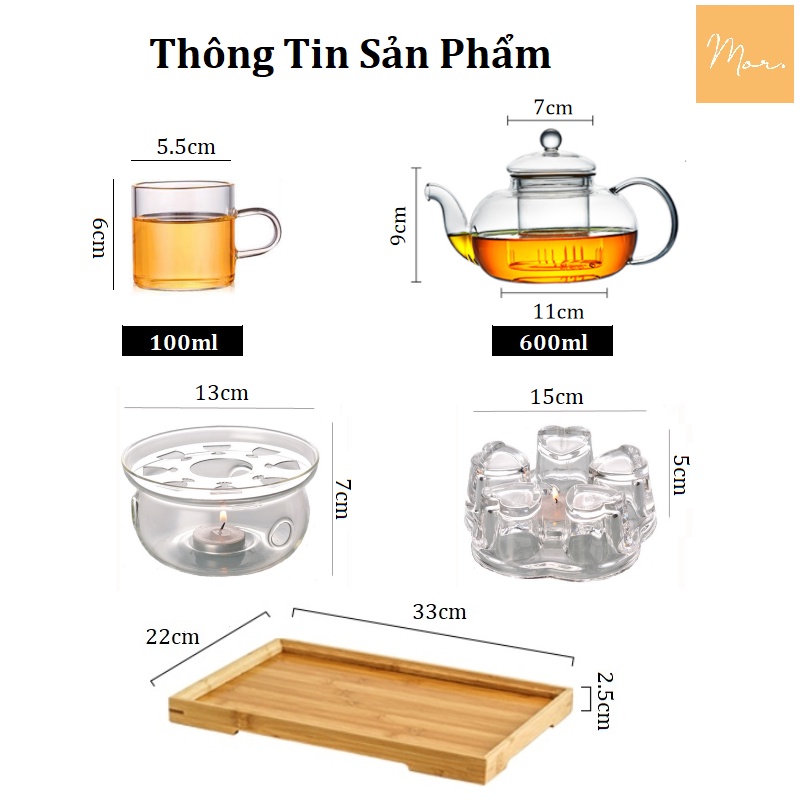 Bộ ấm trà thủy tinh chịu nhiệt - 600ml (Tròn - Trụ)