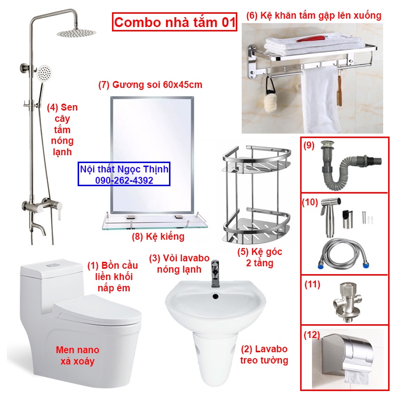 Combo trọn bộ thiết bị nhà tắm cao cấp đầy đủ lắp sử dụng ngay - Bồn cầu men nano cao cấp, kèm sen vòi nóng lạnh