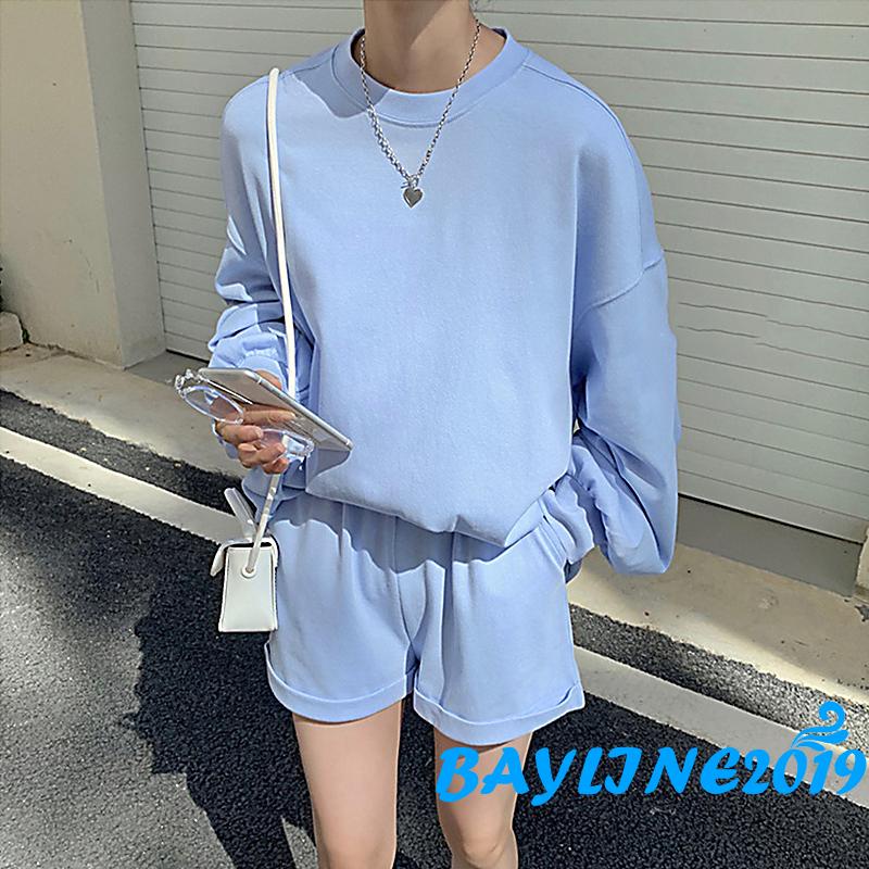 Set áo thun tay dài cổ tròn dáng rộng màu sắc đơn giản dành cho nữ