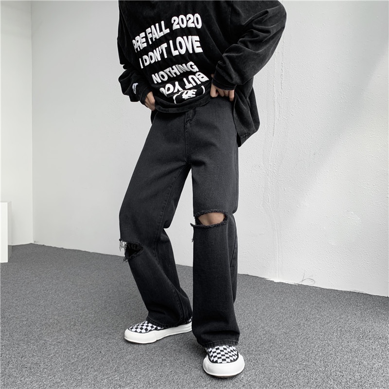 Quần jeans đen cao cấp, quần bò đen, baggy,xuông rộng nam,nữ, Crying Center rách 2 cạnh,Rách 2 gối TDSHOP hottrend 2022