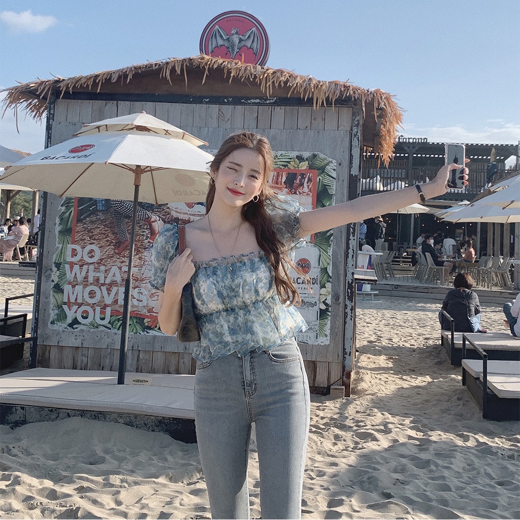 SUXI Áo Sơ Mi Tay Ngắn Cổ Vuông Dáng Ôm In Họa Tiết Đơn Giản Kiểu Hàn Quốc Thời Trang Mùa Hè Cho Nữ