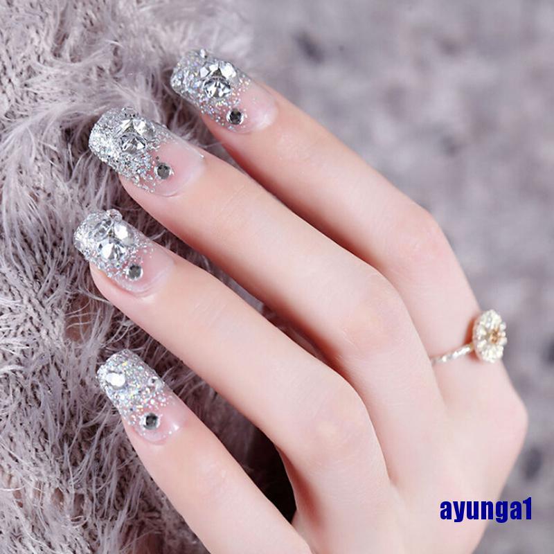 [Hàng mới về] Bộ 24 móng tay giả đính đá màu bạc phong cách pháp
