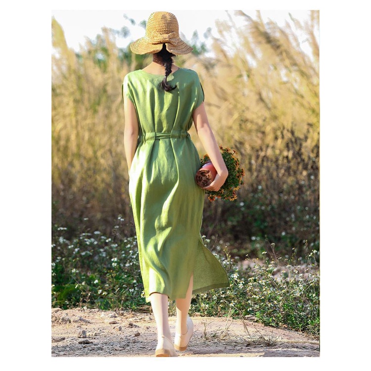 Đầm Cotton Lanh Cao Cấp Màu Xanh Lá Phong Cách retro Mùa Hè Cho Nữ Trung Niên