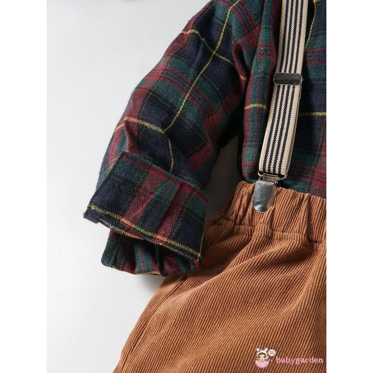 Set Áo Sơ Mi Tay Dài Sọc Caro + Quần Yếm + Băng Đô Nơ Đáng Yêu Cho Bé Trai 1-6 Tuổi