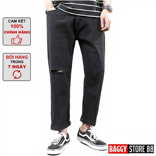 Quần Baggy Nam Đen Rách Gối - Rách Gấu Dáng Quần Ống Suông tại Baggy Store 88