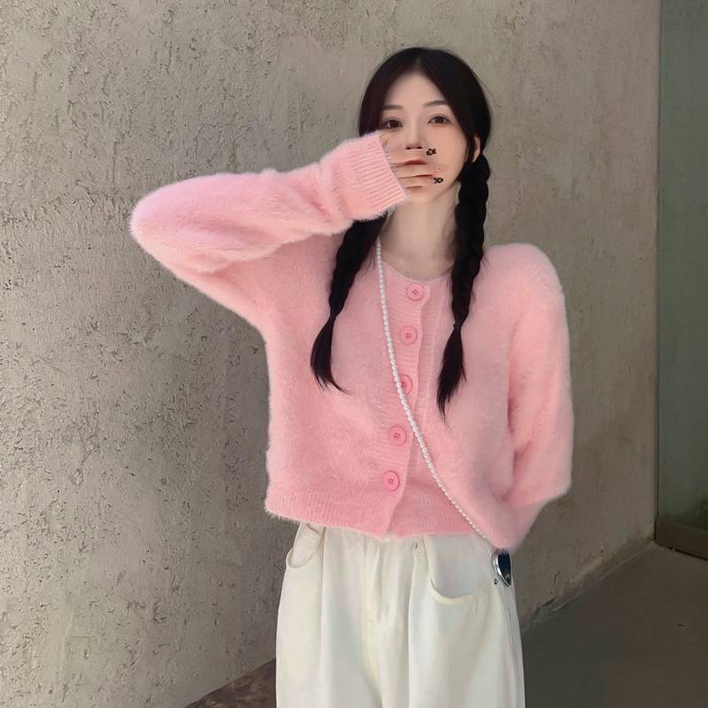 🌻 áo croptop tay dài áo cadigan  áo len kiểu nữ  Áo Khoác Len Cardigan Mềm Dáng Rộng Ngắn Màu Hồng Thời Trang Thu Đông 2021