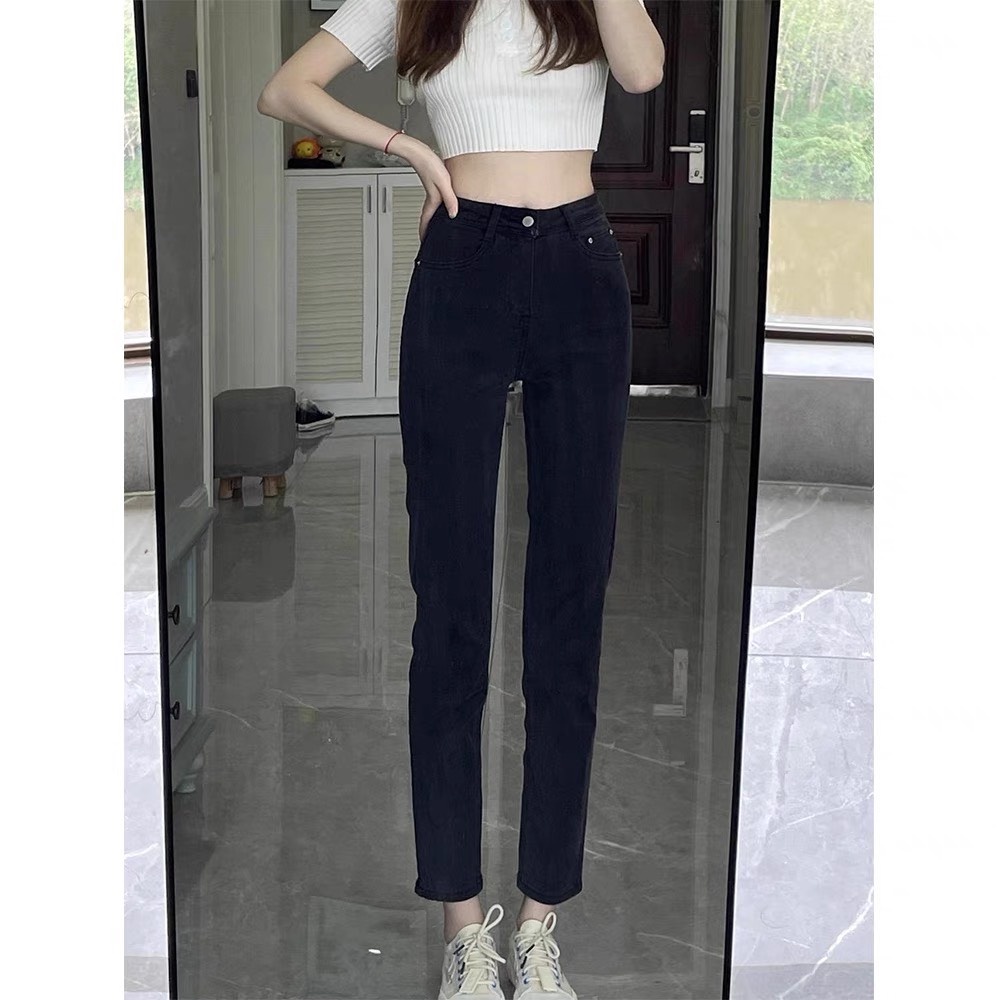 Quần bò nữ đen trơn ống nhỏ -  Quần slim baggy jean ống suông lưng cao quảng châu hàng sẵn