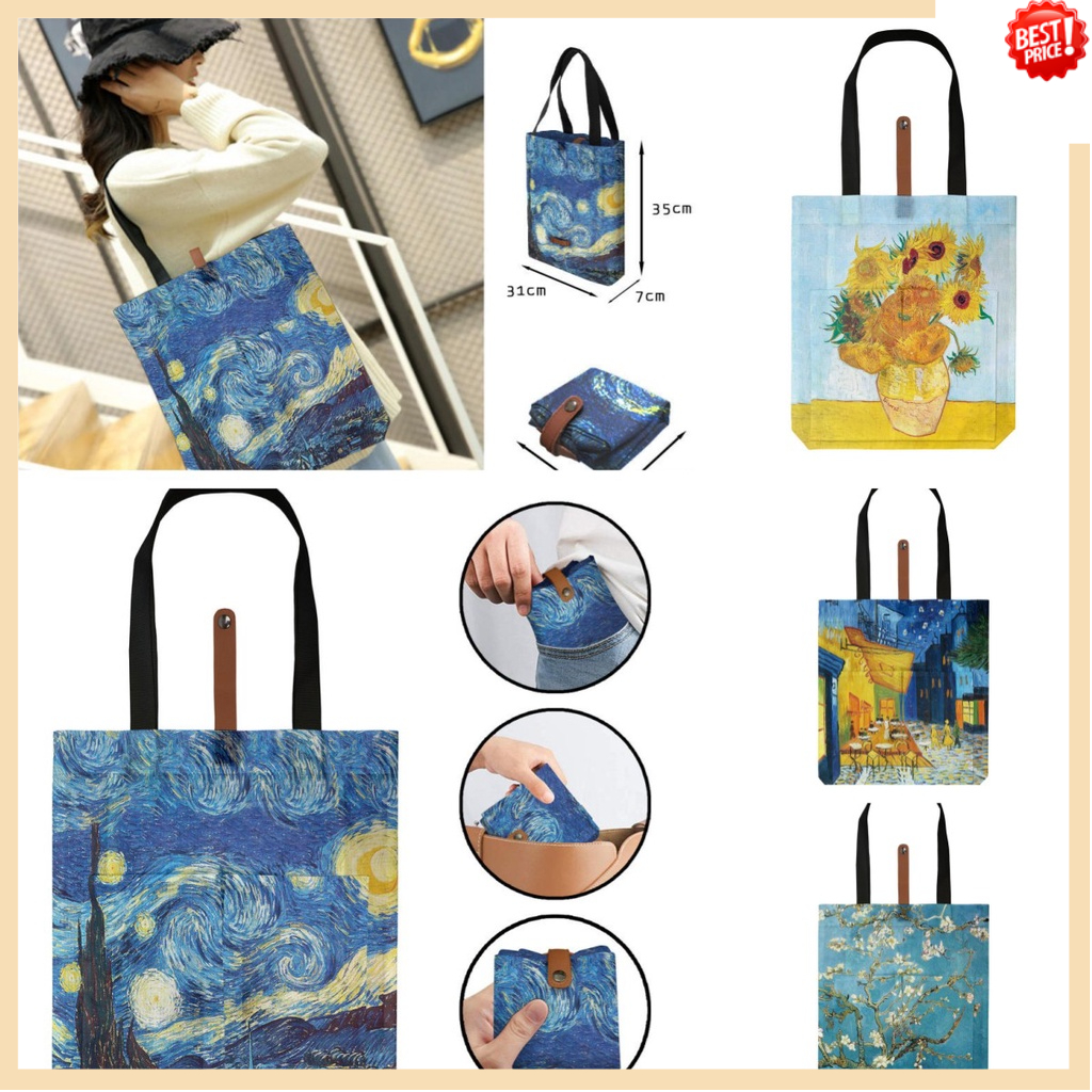 Túi Tote Đeo Vai Chất Liệu polyester Họa Tiết Tranh Sơn Dầu Van Gogh Có Thể Tái Sử Dụng