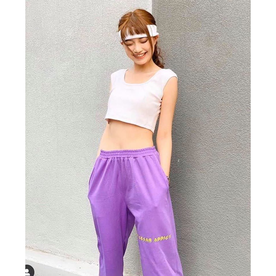 SET CROP TRẮNG CỔ U + QUẦN THUN TÍM