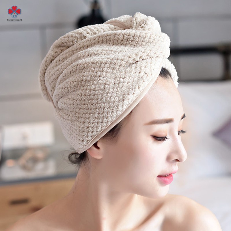 Khăn quấn đầu lau khô tóc nhanh chóng bằng microfiber có nút cài tiện lợi | BigBuy360 - bigbuy360.vn