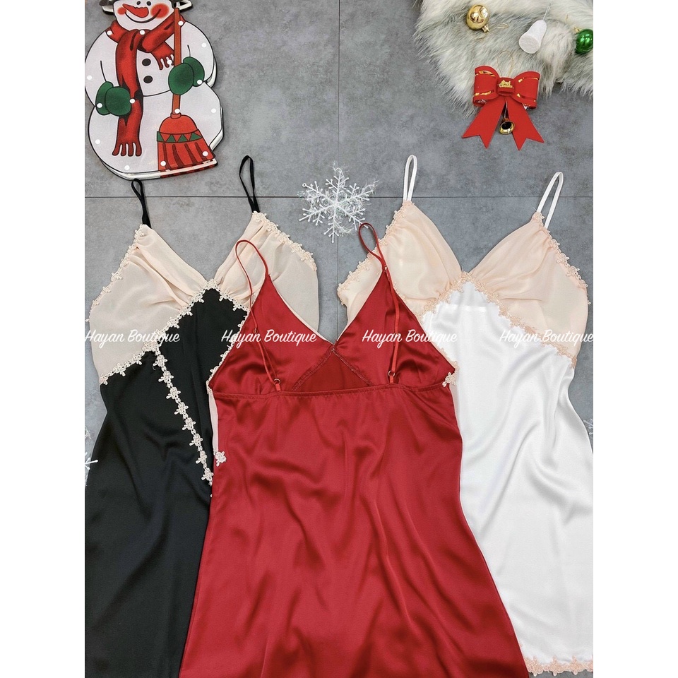 Váy ngủ sexy viền hoa chéo, váy ngủ lụa mặc nhà gợi cảm #HT158