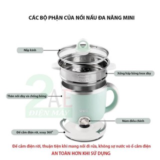 Nồi nấu điện đa năng mini 2L, kèm xửng hấp, đế cắm điện rời