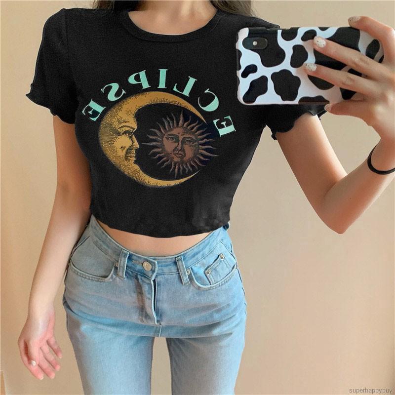 Áo Croptop Ngắn Tay In Hình Mặt Trăng / Mặt Trời Kiểu Hàn Quốc Xinh Xắn Cho Nữ