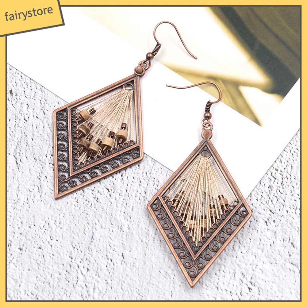 Hoa tai dáng dài bằng kim loại hình thoi phong cách Bohemian