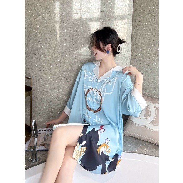 VÁY NGỦ SƠ MI TAY LỠ XANH VIỀN TRẮNG I007