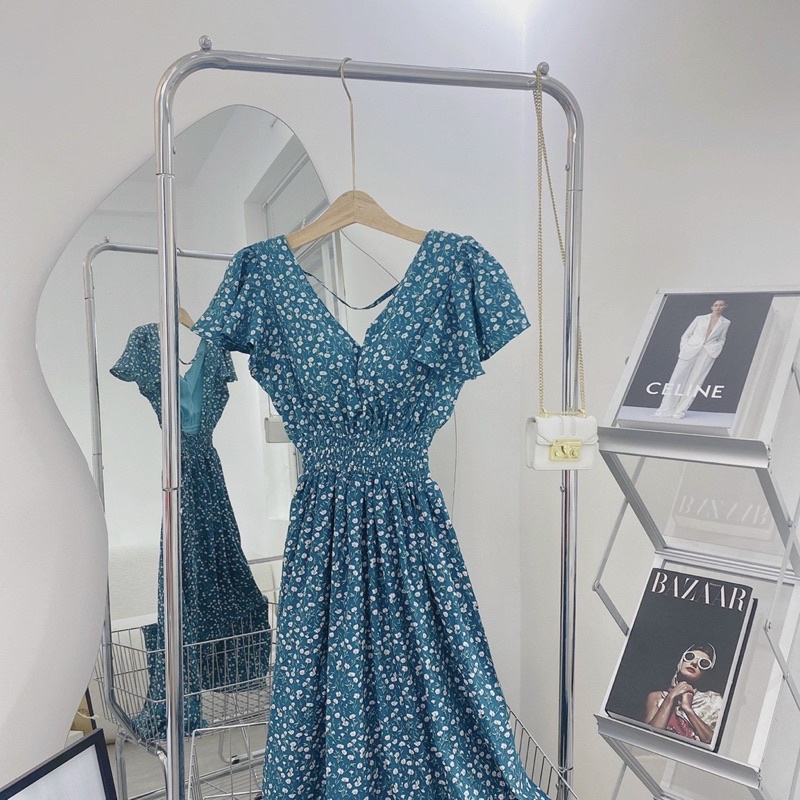 Đầm maxi hoa nhí xanh hở lưng cực vintage nàng thơ lên hình chất chill
