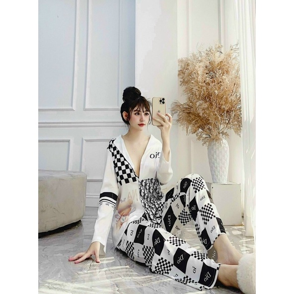 Pijama lụa cao cấp hoạ tiết caro gấu