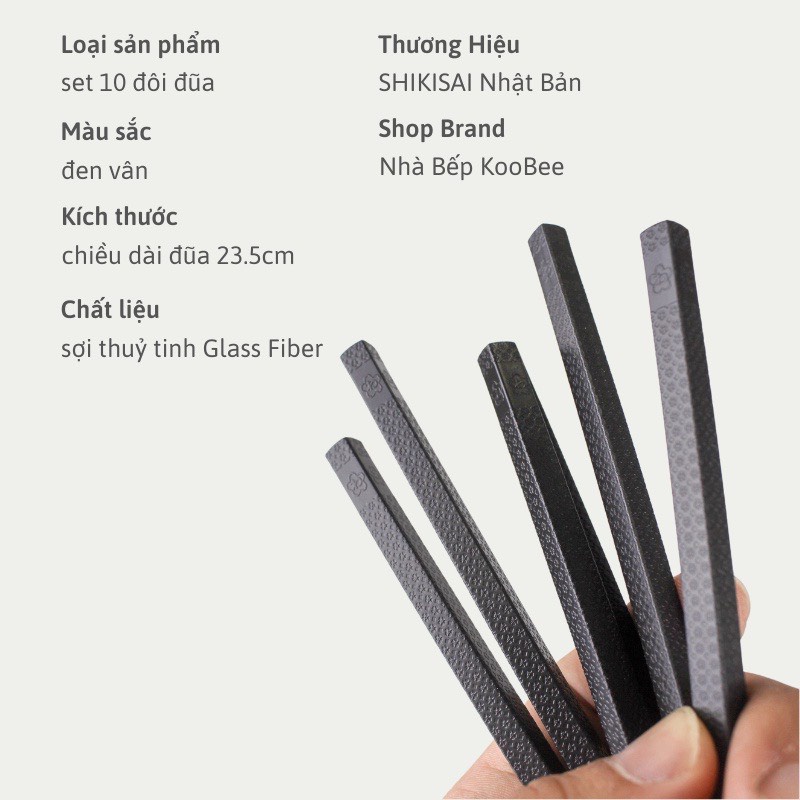 Đũa Nhật kháng khuẩn chống nấm mốc chống trơn trượt - Set 10 đôi đũa Nhật sợi thuỷ tinh Glass Fiber