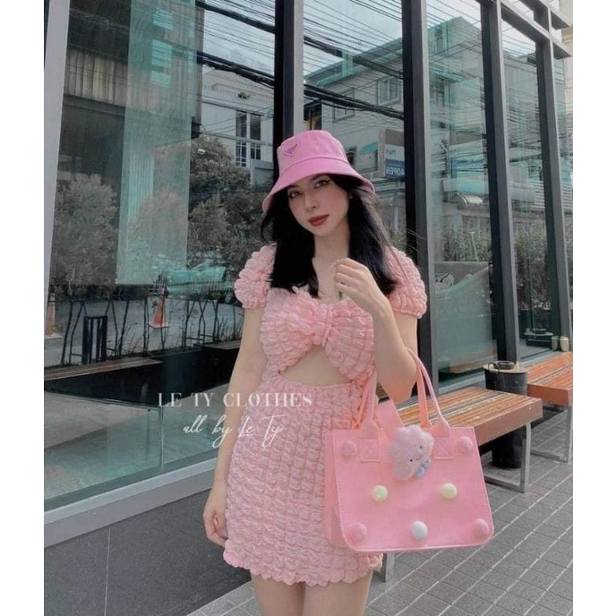 Đầm Xốp Ô Cổ Vuông Tay Phồng Nơ Ngực Khoét Hở Bụng - Dáng Ngắn Form Ôm Body Sexy - Tiểu Thư Bánh Bèo Cute Sang Chảnh