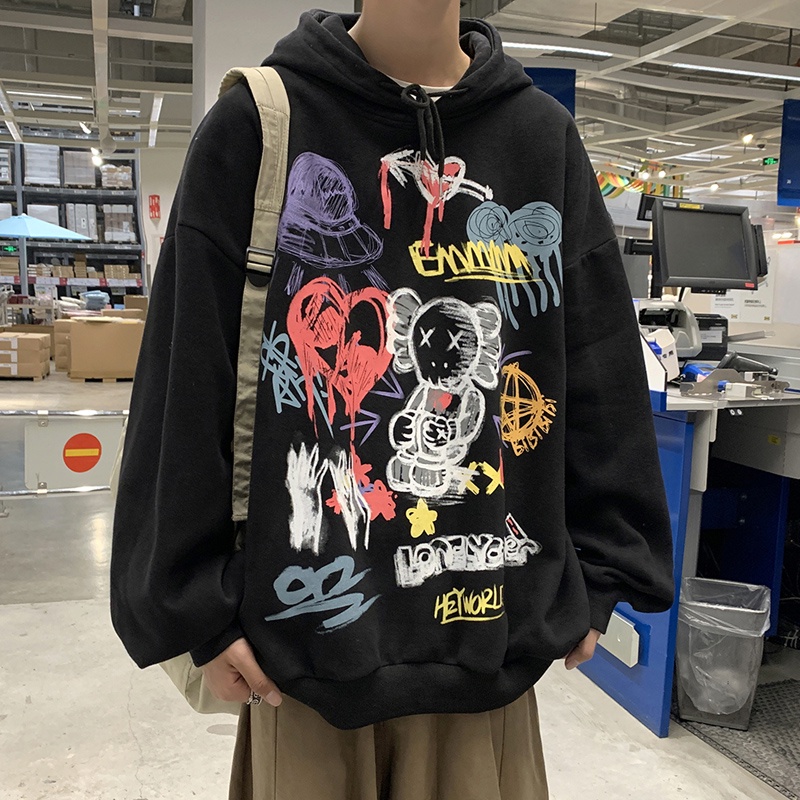Áo Hoodie Tay Dài Cổ Tròn Dáng Rộng Họa Tiết Graffiti Phong Cách Hip Hop Cá Tính Thời Trang Xuân Thu Mới 2021 Cho Nam