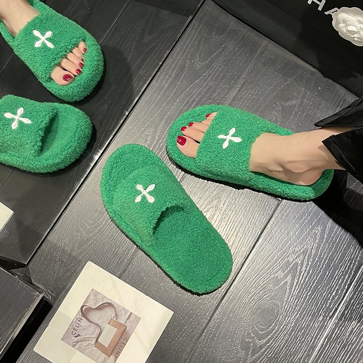 Dép Bông Đế Phẳng Hở Ngón Phối Màu Sắc Tương Phản Thời Trang Thu Đông Phong Cách Ulzzang Mới