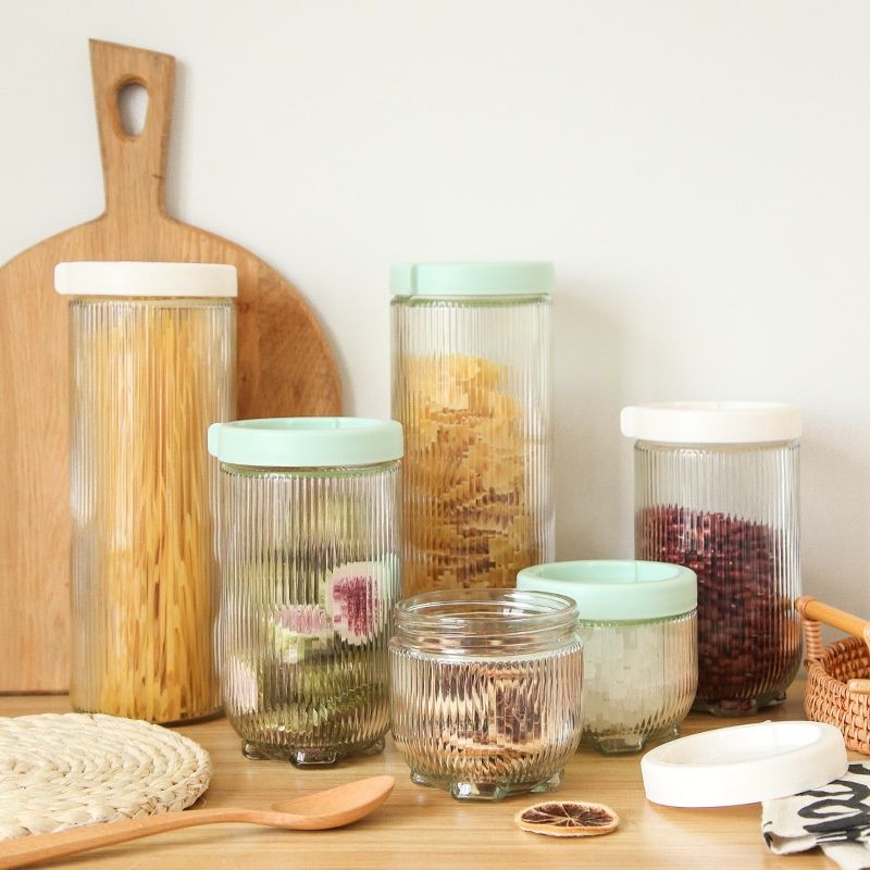 Set 6 Lọ Đựng Thực Phẩm Thủy Tinh Vân Sọc Có Nắp Vặn Xoay Kín Để Tủ Lạnh Hàng Siêu Cấp