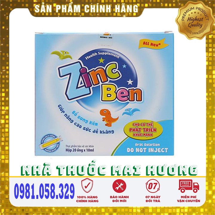 (CHÍNH HÃNG) Ống uống bổ sung kẽm ZinC Ben, hộp 20 ống - Nhà Thuốc Mai Hương