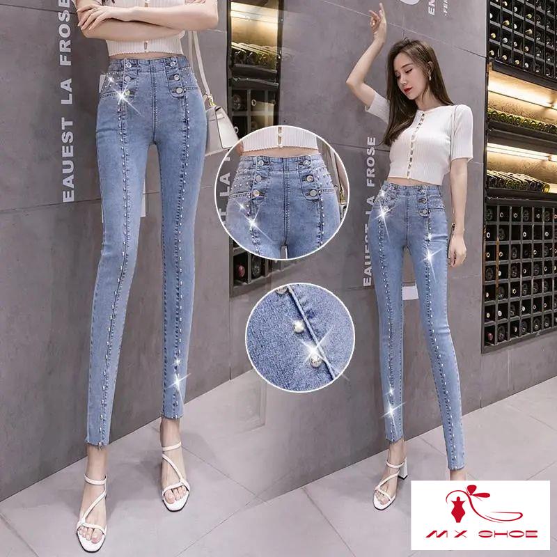 M & X ~  Quần Jean Nữ Cạp Cao Đính Hạt Phong Cách Phương Tây Thời Trang 2022 Mới