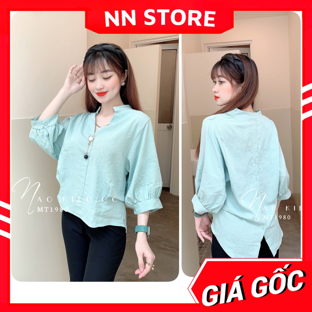 Áo kiểu công sở nữ chất vải MT mềm mát tay lỡ phối khoen dễ thương Áo sơ mi tay lỡ MT1980