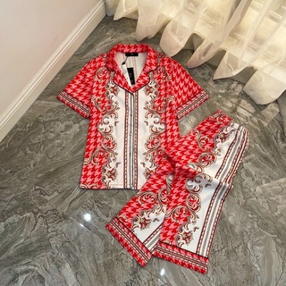 PIJAMA TAY NGẮN CÔNG ĐỎ LỤA XƯỚC U009.