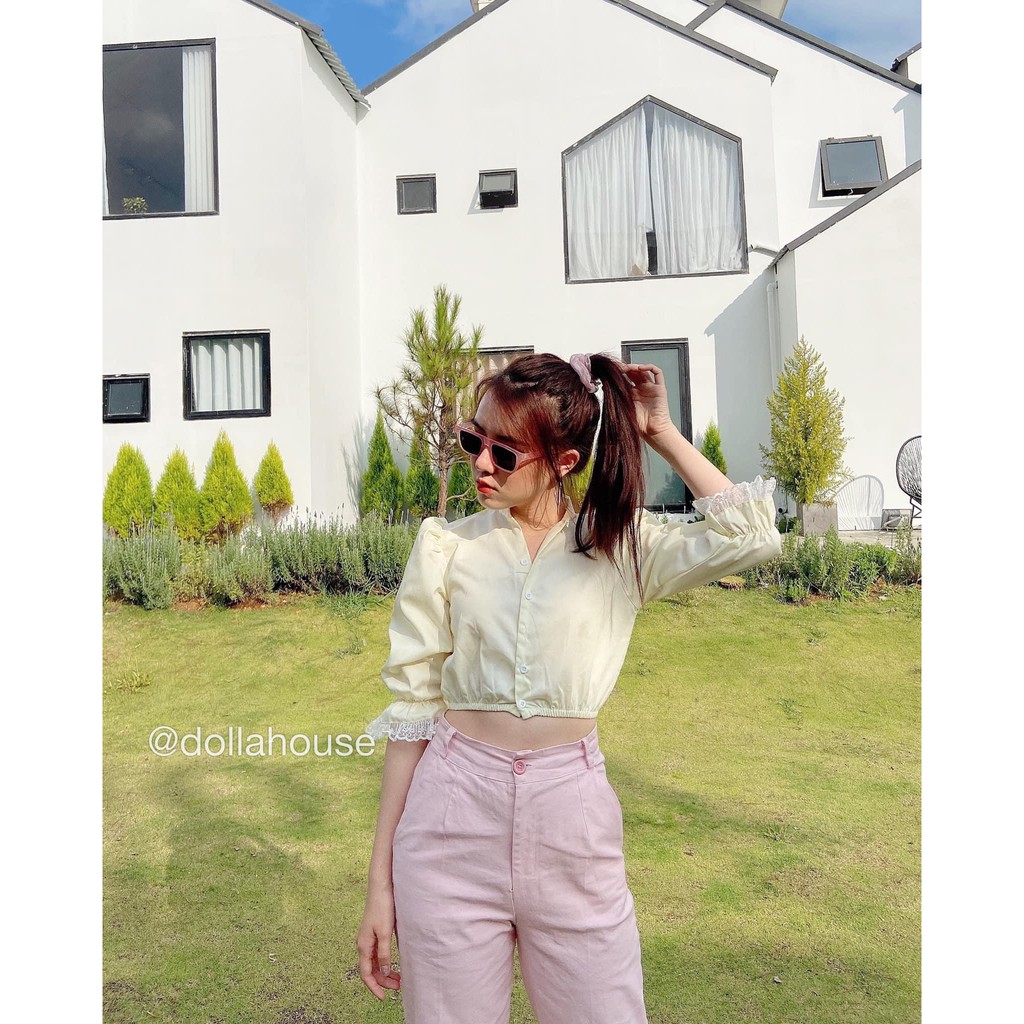 Áo sơ mi nữ tay lửng phồng to croptop phối đồ cực thanh lịch