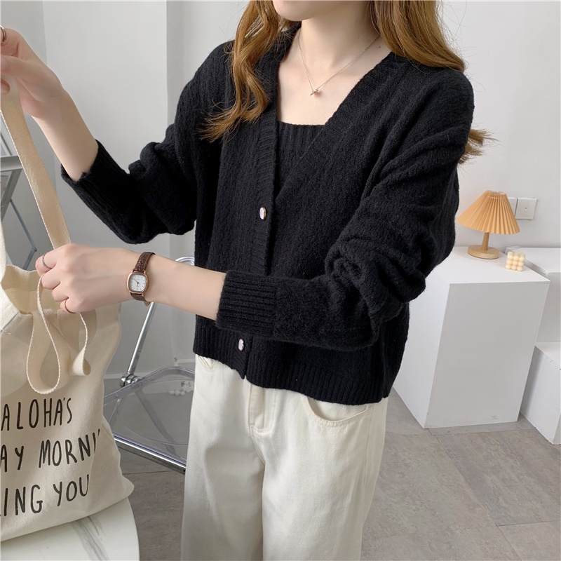 SUXI Set Áo Khoác Cardigan Và Áo Hai Dây Thiết Kế Mới Thời Trang Mùa Thu Dành Cho Nữ