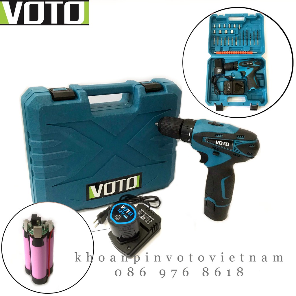 Khoan pin bắt vít Voto 12v tặng 24 phụ kiện máy khoan, có pin dự phòng