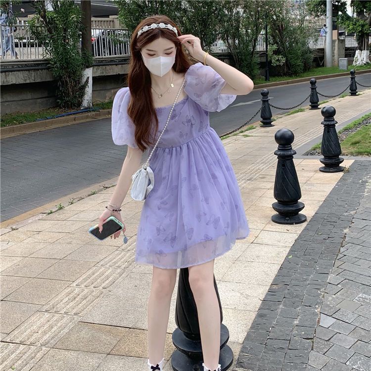Váy babydoll Đầm Tay Phồng Cổ Vuông Eo Cao Thời Trang Mùa Hè Phong Cách Mới Ngọt Ngào Cho Nữ