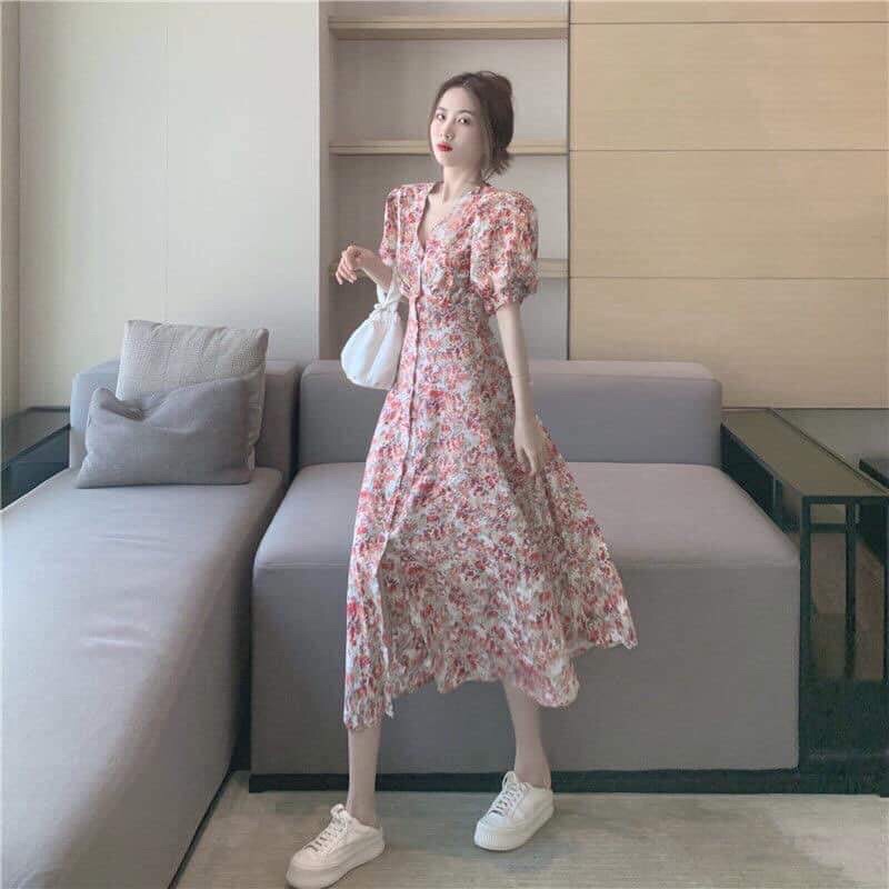 Váy hoa nhí tay bồng có cúc trước