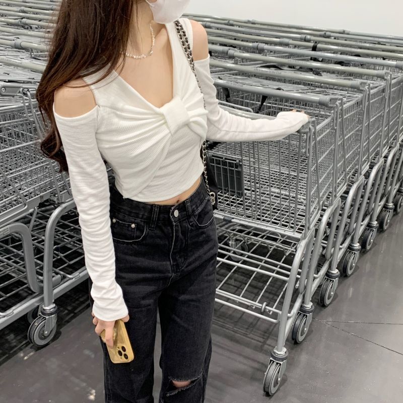 Áo Thun Tay Dài Hở Vai  Hình Nơ Dáng Ôm Gợi Cảm Dễ Phối Đồ Thời Trang Hàn Quốc Tiểu Thu Sang Chảnh