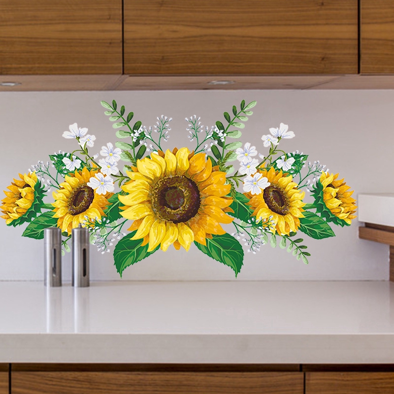 Miếng dán trang trí tường / tủ hình hoa hướng dương 3D bằng PVC chống thấm nước dễ tháo gỡ