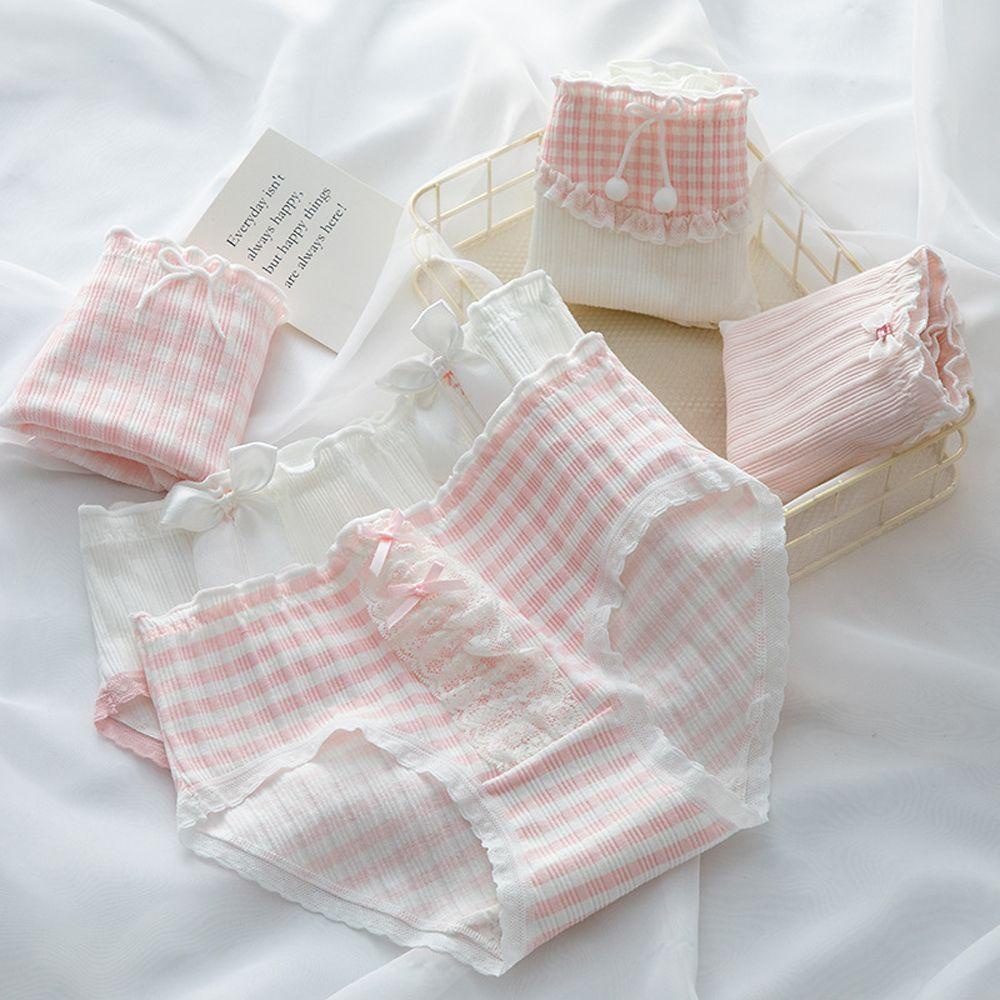 Quần Lót Cotton Lưng Vừa Màu Trơn Phối Ren Thắt Nơ Dễ Thương Cho Nữ