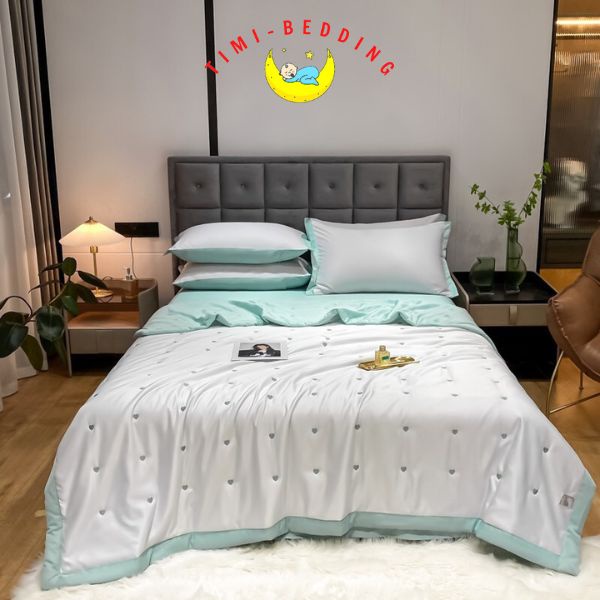 Bộ chăn ga gối hè lụa tencel 60s thêu tim nhập khẩu cao cấp, mát mẻ – Timibedding