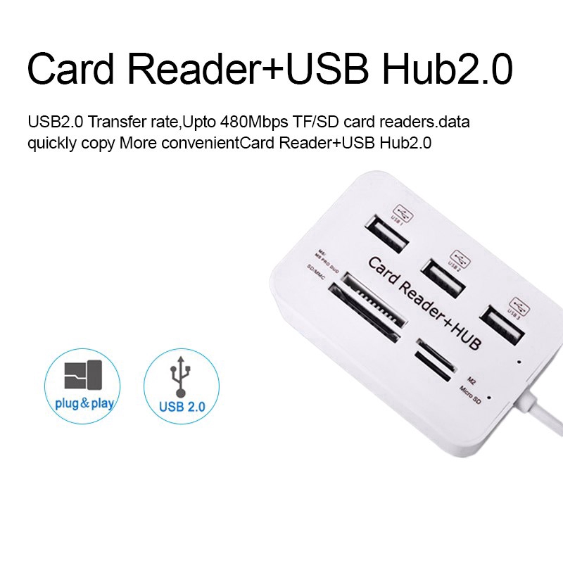 Bộ chia 3 cổng USB 2.0 kiêm đầu đọc thẻ nhớ Ms M2 Tf Micro Sd tiện dụng