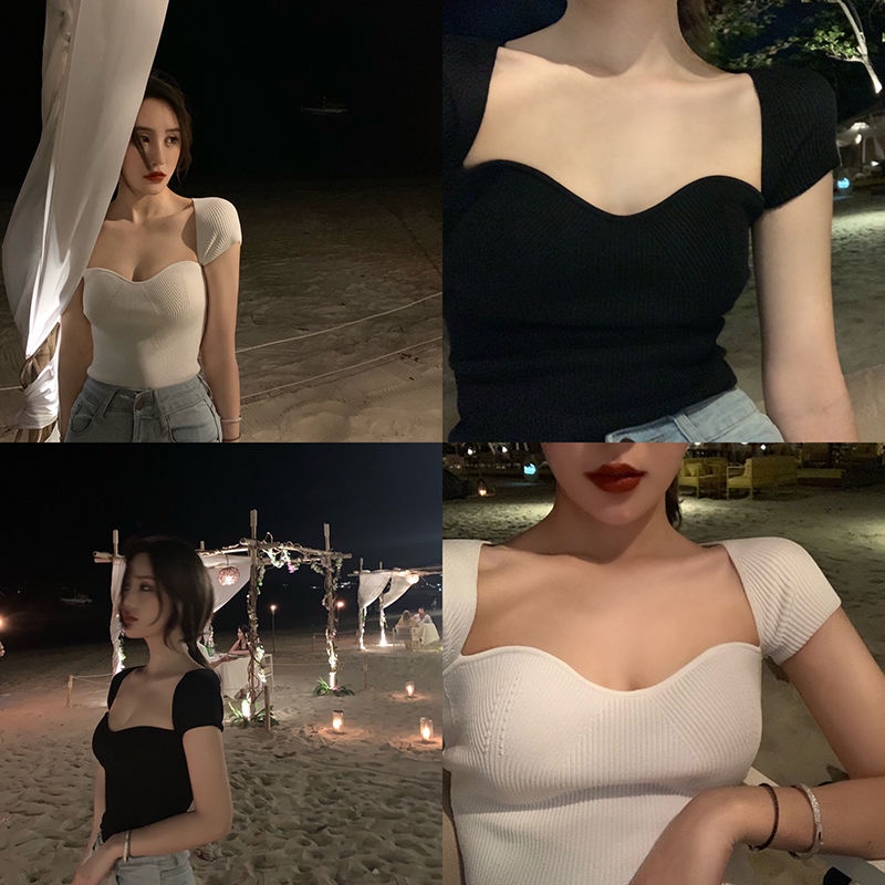 COZOK Áo Dệt Kim Tay Ngắn Trễ Vai Thiết Kế Xẻ Tà Quyến Rũ