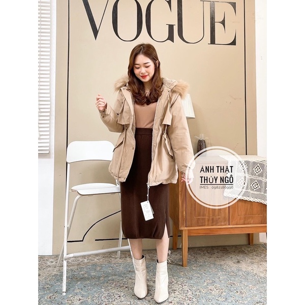 Áo Phao Parka Túi Hộp Màu Nâu Tây Sang Chảnho