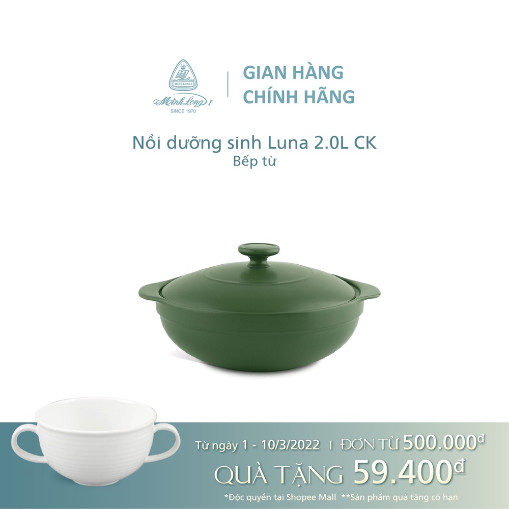 Nồi dưỡng sinh Luna (Nồi cạn) 2.0 L Minh Long + nắp (CK) (bếp từ)- Healthy Cook- Xanh Rêu