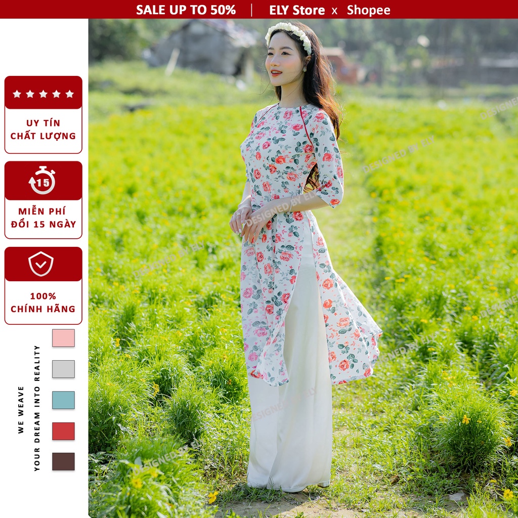 Áo dài cách tân lụa cổ tròn lé viền ráp lăng, tà ngắn thời trang ELY 2 tà