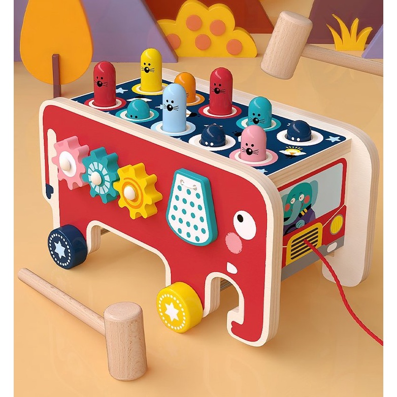 Đồ Chơi Gỗ Đồ Chơi Đập Chuột Hình Con Voi Kèm Đàn, Kèm Bánh Răng Xoay SUNNY TOYS