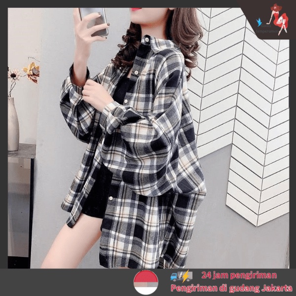 Áo Sơ Mi Nữ Tay Dài Dáng Rộng Họa Tiết Caro Thời Trang