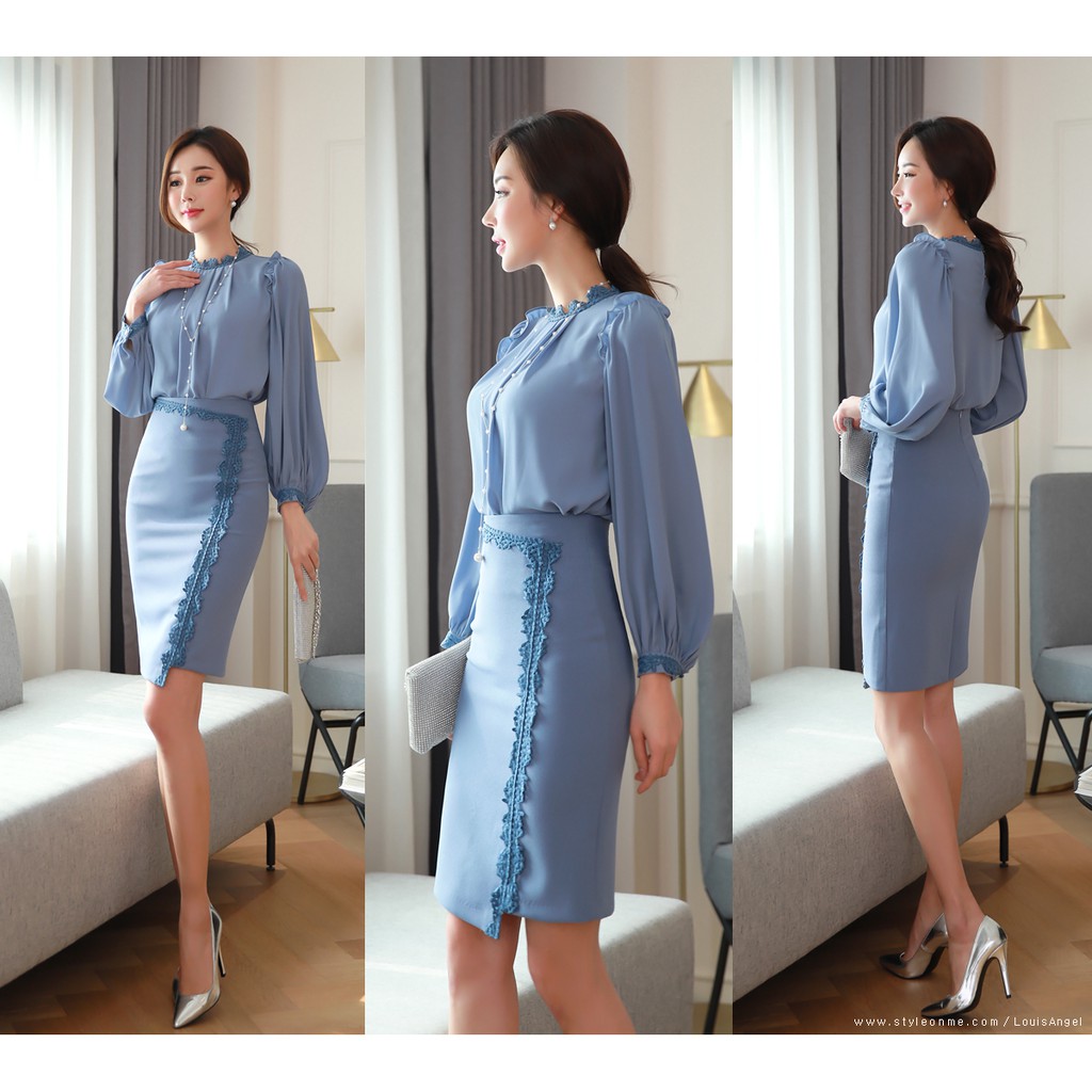 Set công sở áo sơ mi dài tay chân váy phối ren