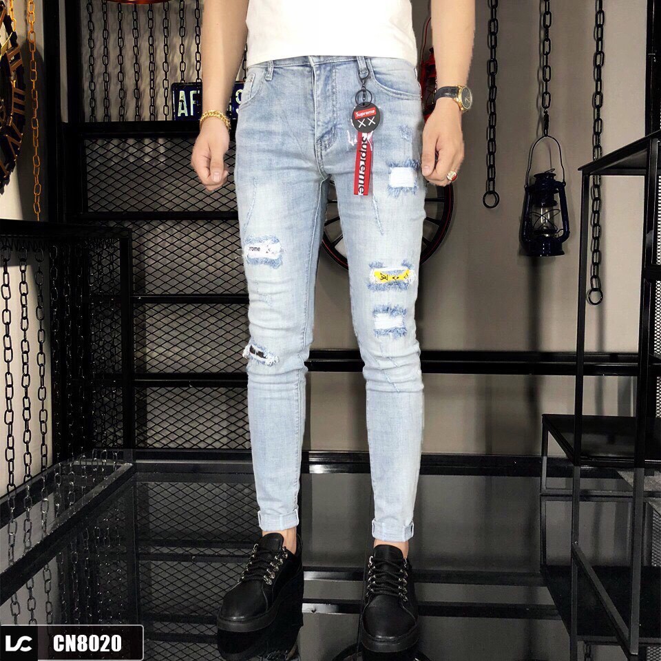 Quần jean nam trắng xám wash đẹp rách gối vàng CN8020 MS17